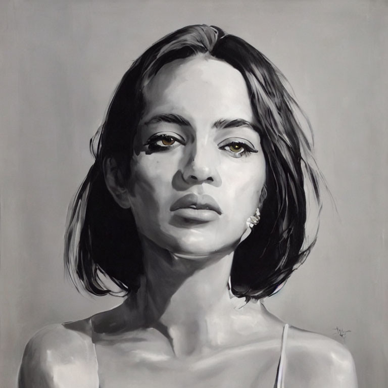 Monochrome painting of pensive woman with shoulder-length hair and striking eyes.