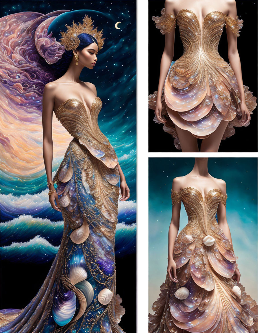 Intricate Gold Fantasy Gown with Seashell Designs on Woman