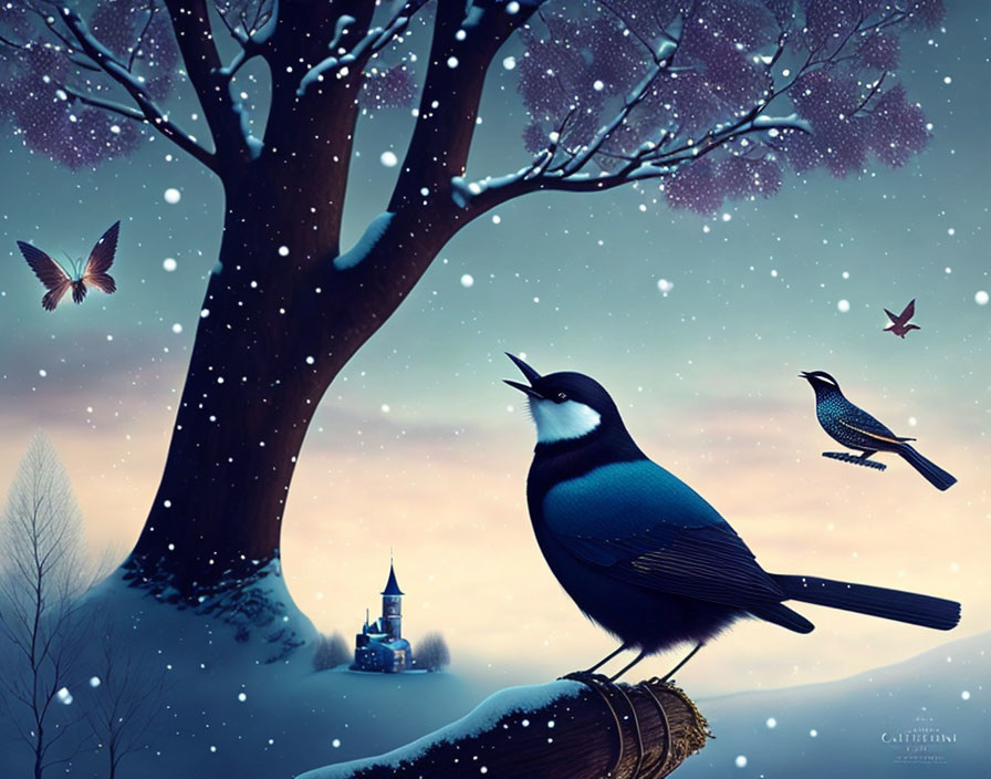 Tranquil winter landscape with birds, twilight sky, and distant castle