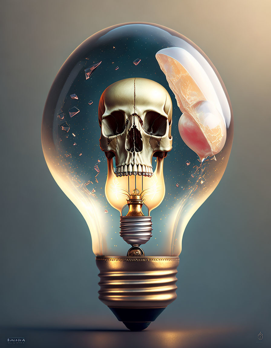 Digital artwork: Light bulb with human skull inside, glowing filament instead of brain