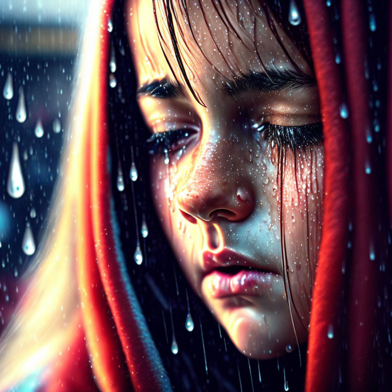 Person in Red Hood with Water Droplets, Contemplative Expression