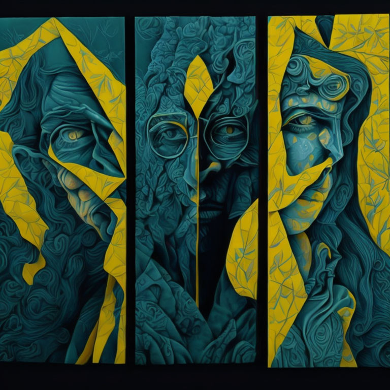 Stylized Blue-Toned Faces Fragmented by Yellow Leaf Patterns