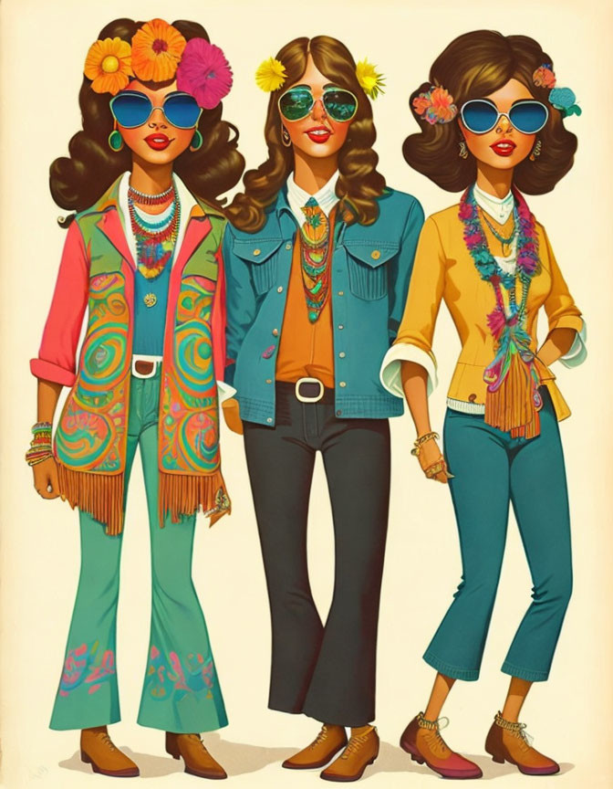 Three women in colorful retro fashion with bell-bottoms and floral prints.