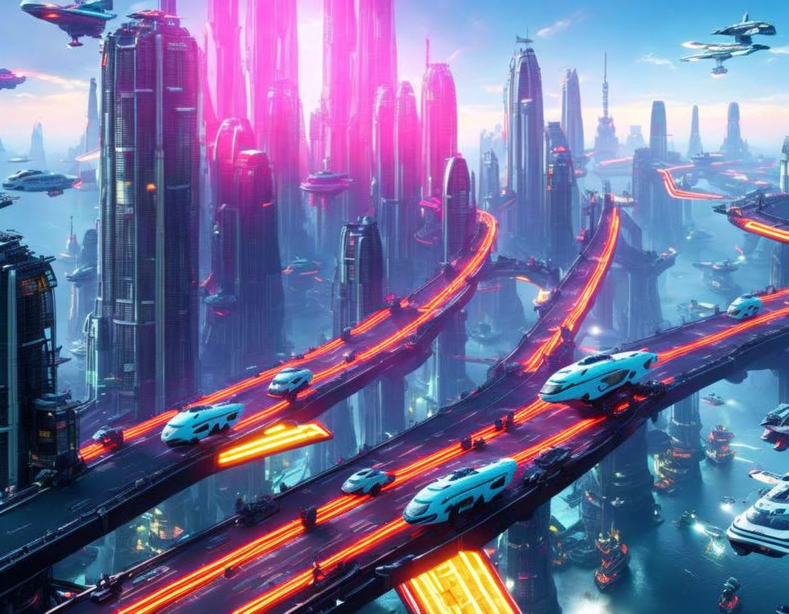 Futuristic cityscape with skyscrapers, neon lights, and flying vehicles