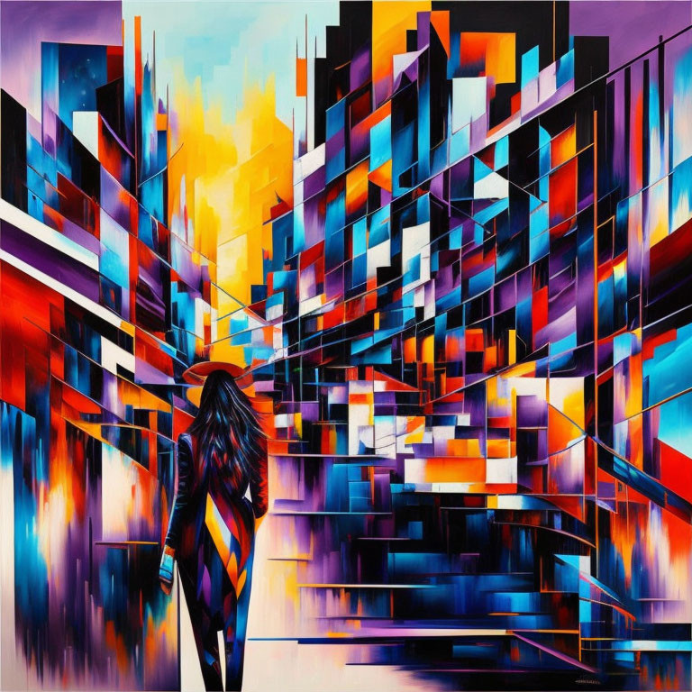 Colorful Abstract Cityscape Painting with Silhouetted Figure Walking