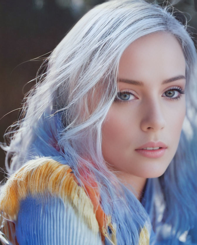 Silver-Blue Haired Woman in Multicolored Fur Coat with Piercing Eyes