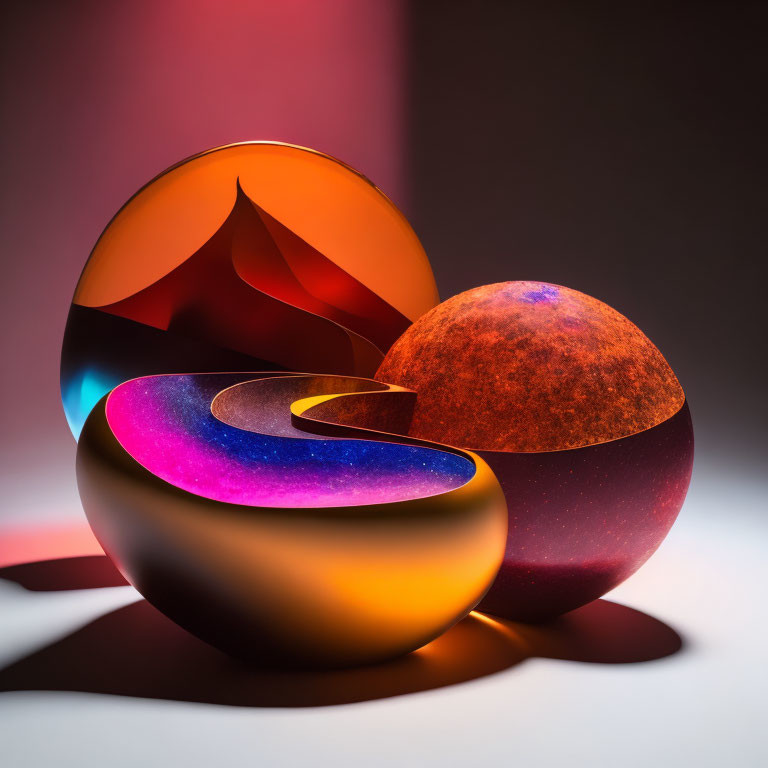 Spherical cosmic sculptures with spiraling segments on red and purple gradient backdrop