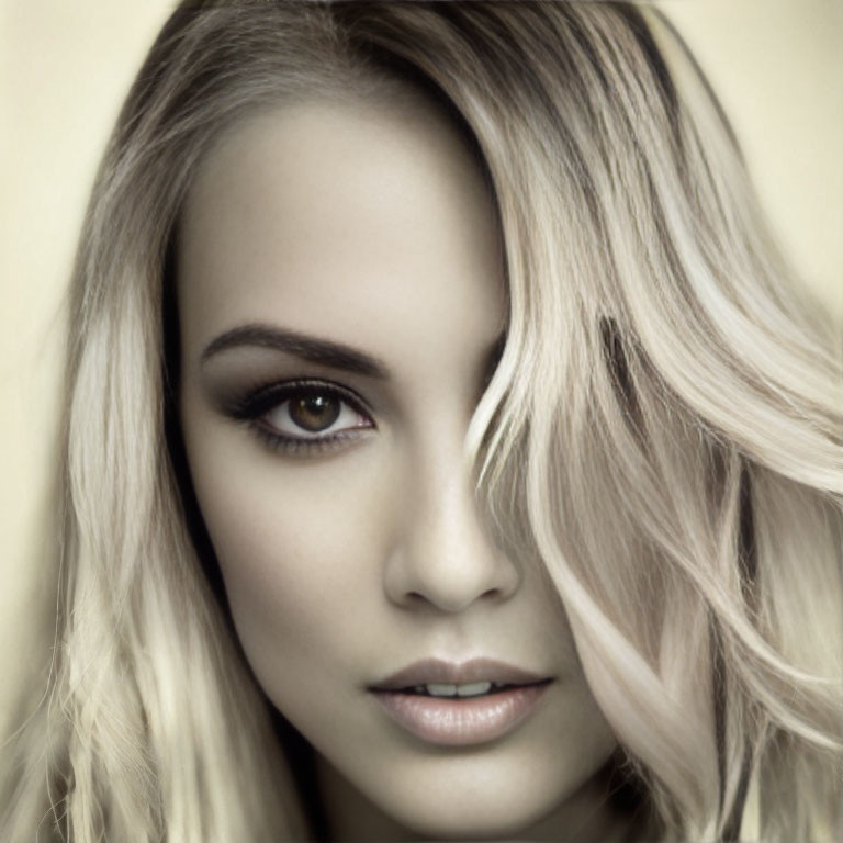 Woman portrait with striking eye makeup and wavy blonde hair.