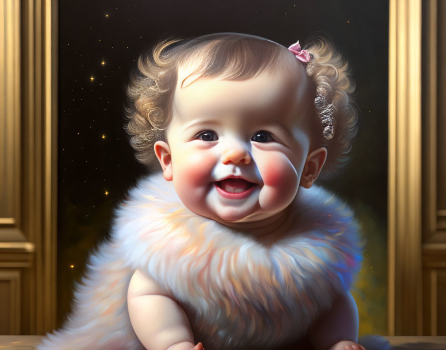 Curly-Haired Baby in White Outfit with Pink Bow on Starry Night Background
