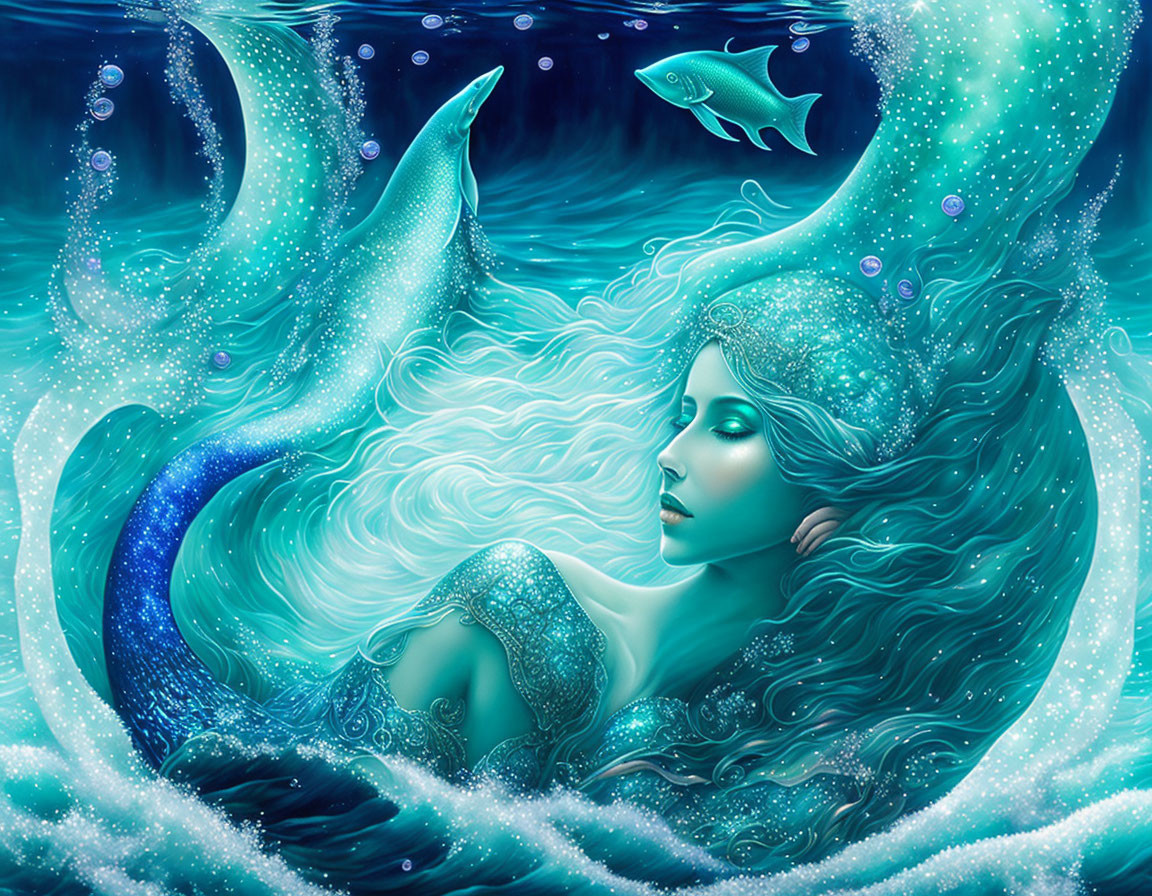 Mystical underwater scene with serene mermaid and glowing marine life
