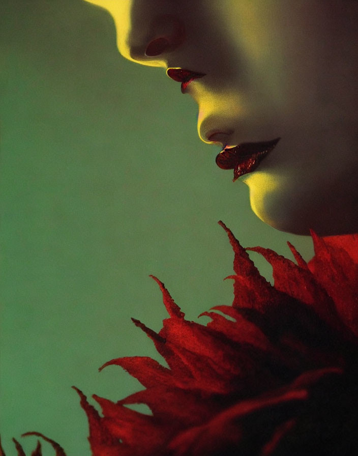 Person's profile with striking red lips on moody green backdrop and vivid red texture.