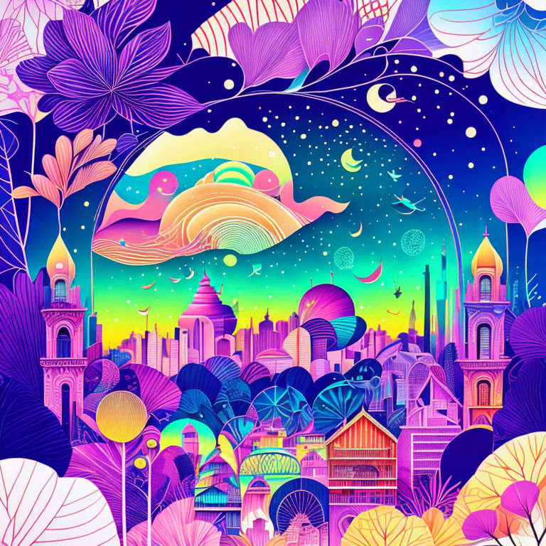 Colorful Floral Cityscape with Surreal Sky and Cosmos in Whale Silhouette