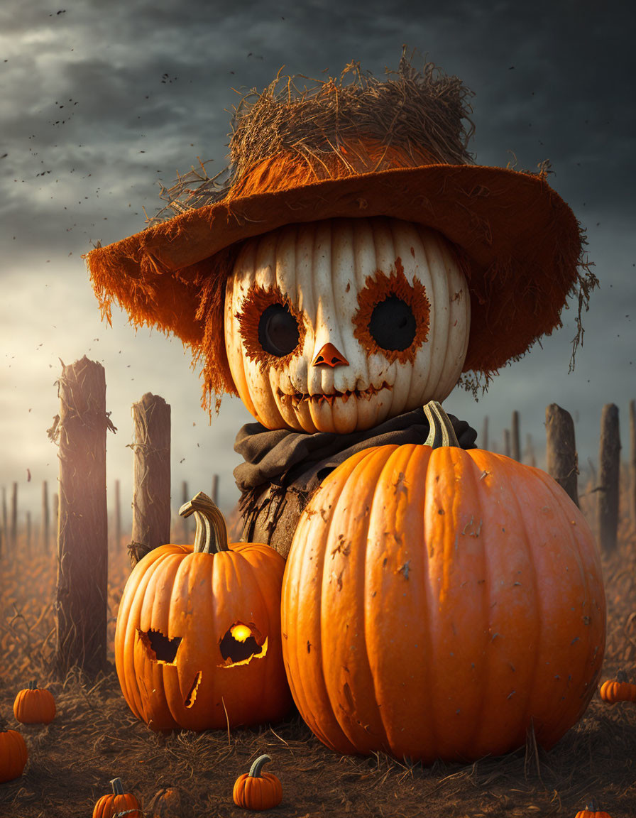 Spooky scarecrow with pumpkin head in dusky pumpkin field