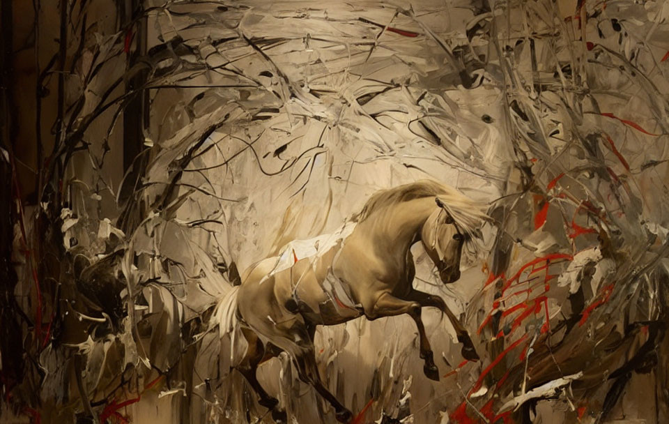 Dynamic rearing horse abstract painting in brown, white, and red