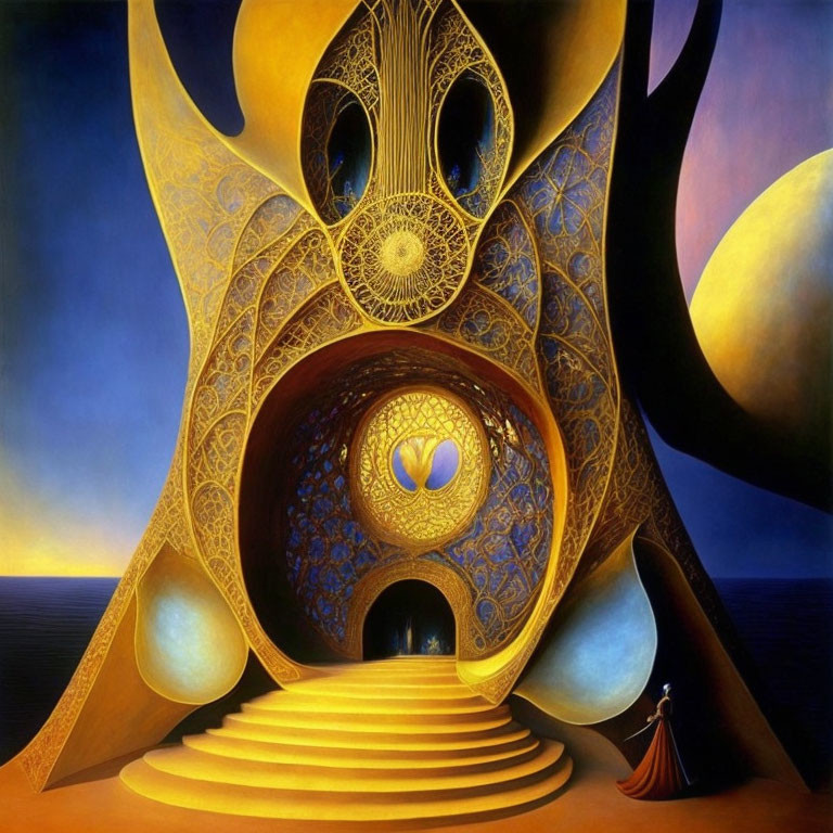 Surreal painting: Figure in cloak at fantastical structure