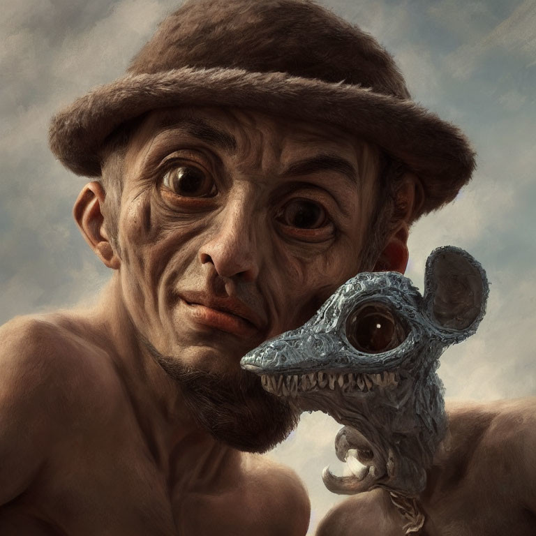 Surreal portrait of man with exaggerated features and fantastical blue mouse creature