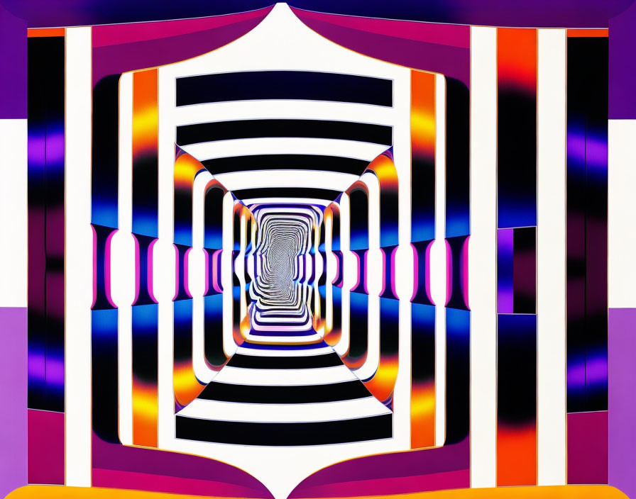 Symmetrical Abstract Art: Central Tunnel Illusion with Purple, Orange, Black, and White Striped