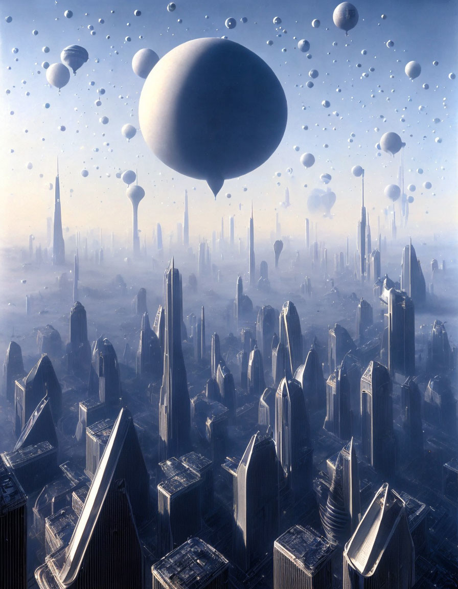 Futuristic cityscape with towering skyscrapers and floating spherical structures