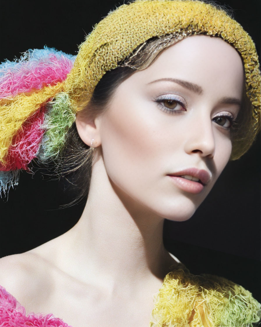 Striking woman in colorful headwrap on dark background