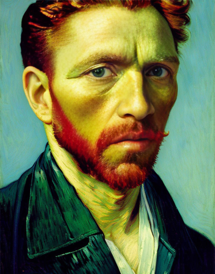 Vibrant Self-Portrait with Green Skin and Red Beard