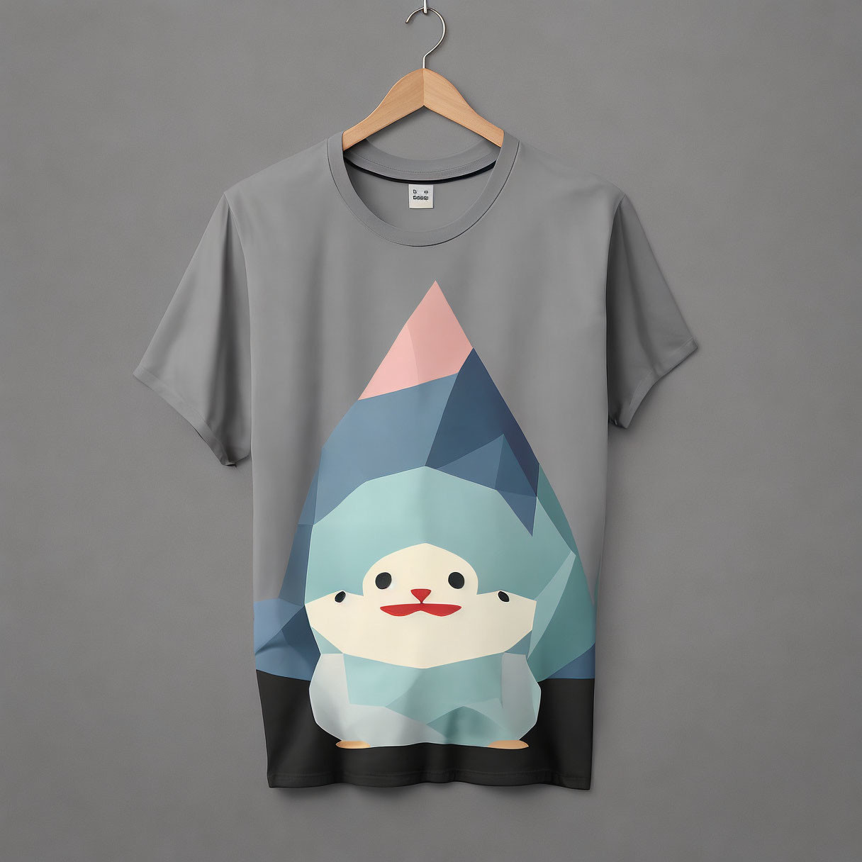 Gray Geometric Penguin Design T-Shirt on Wooden Hanger