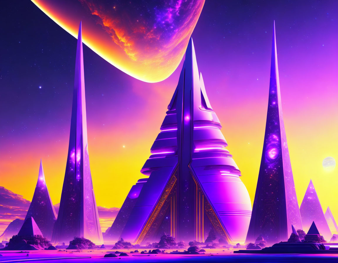 Futuristic sci-fi landscape with spire-like buildings and ringed planet