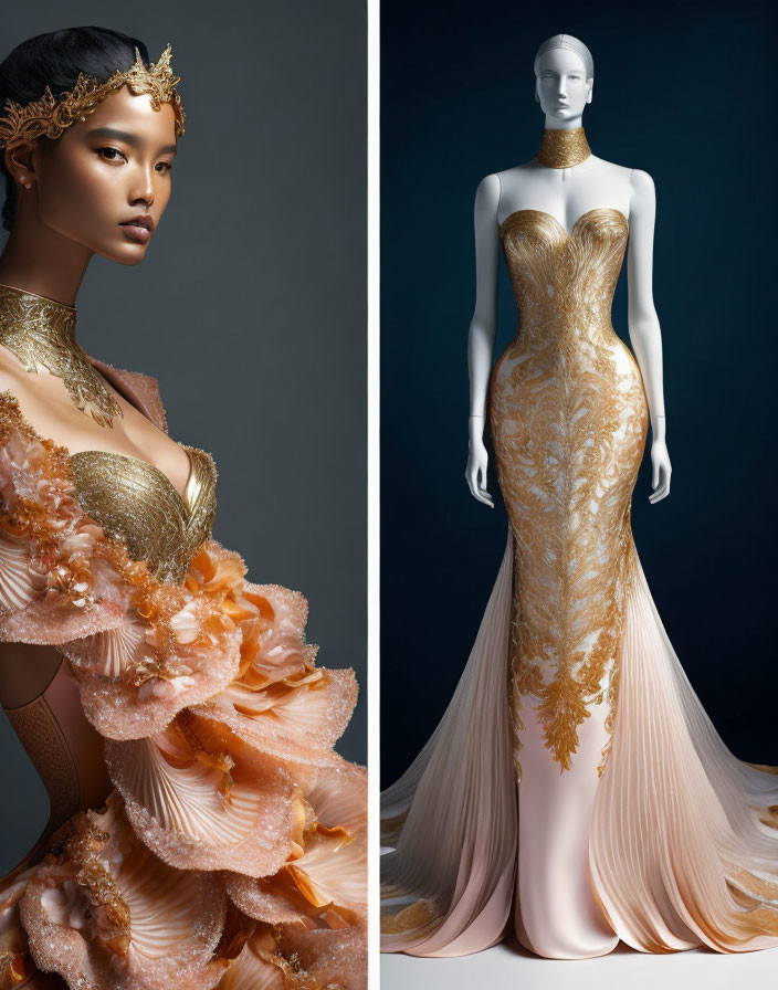 Split image: Woman in gold and coral dress with floral accents, mannequin in golden gown with