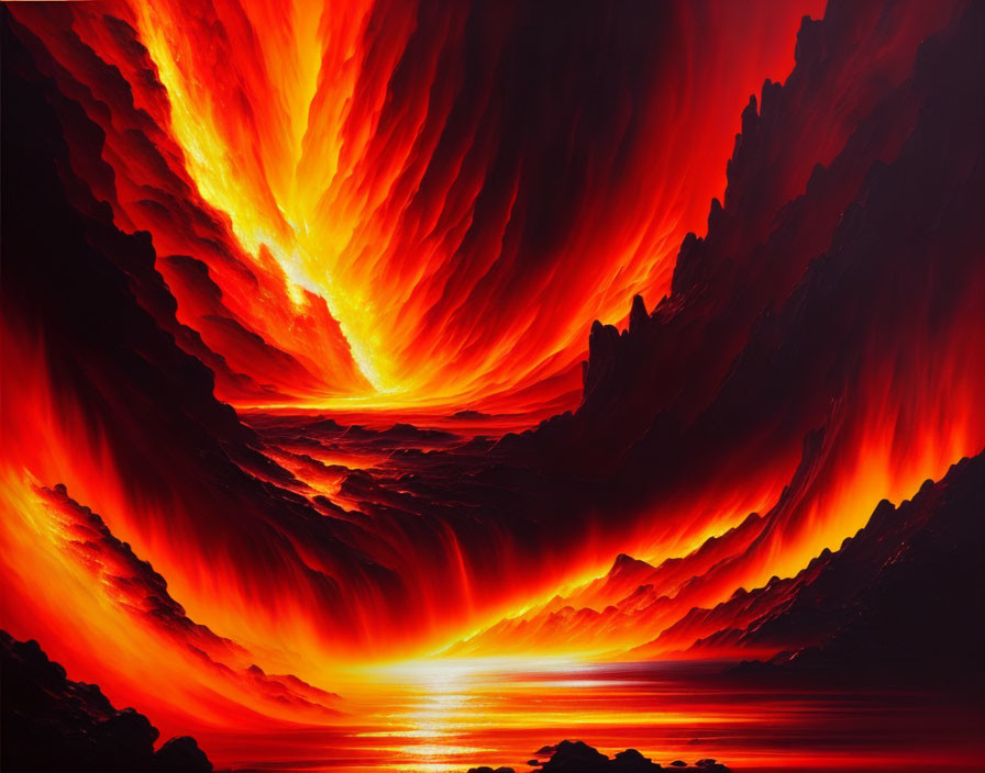 Vivid red and orange lava-like textures with fiery glow over water