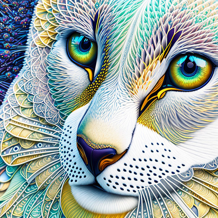 Colorful Cat Face Artwork with Vibrant Patterns and Intense Eyes