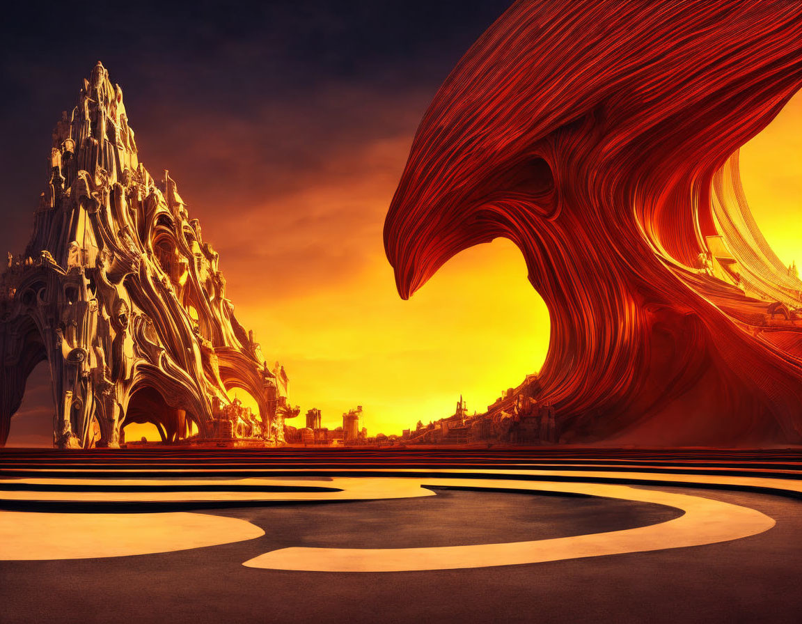 Surreal landscape with gothic structure, red wave, and circular pattern at sunset