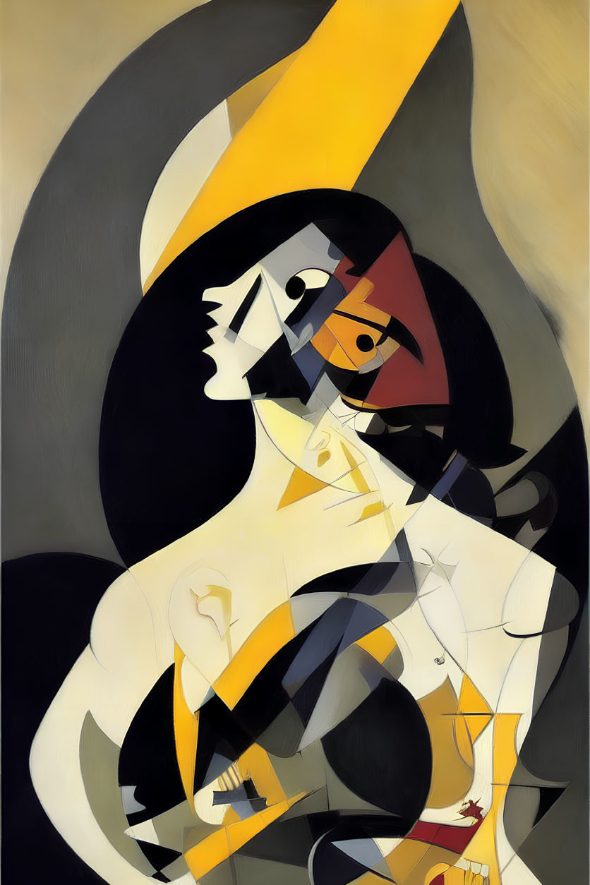 Abstract painting of stylized female figure with geometric shapes in yellow, black, and white.