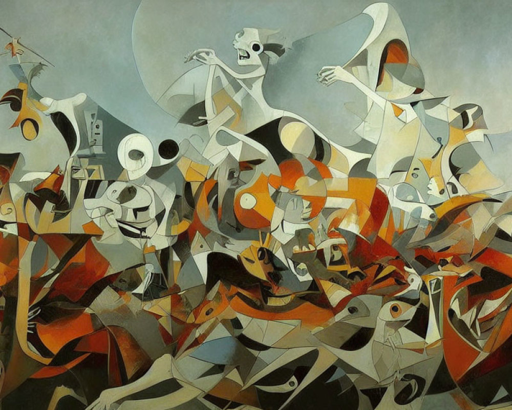 Abstract Cubist Painting of Chaotic Scene in Orange, White, and Gray