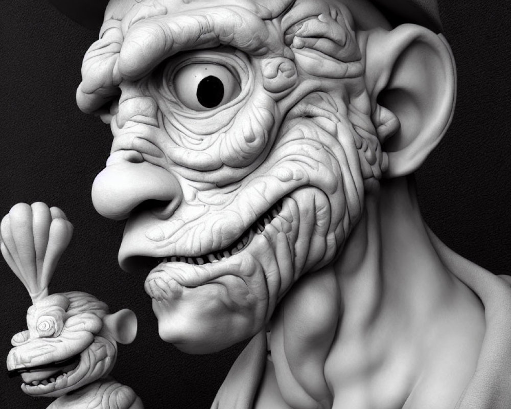 Monochrome 3D image: Elderly figure with exaggerated wrinkles holding rabbit-like creature