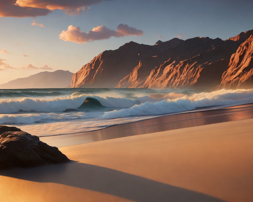 Tranquil beach scene at sunset with crashing waves, rock, and mountains.