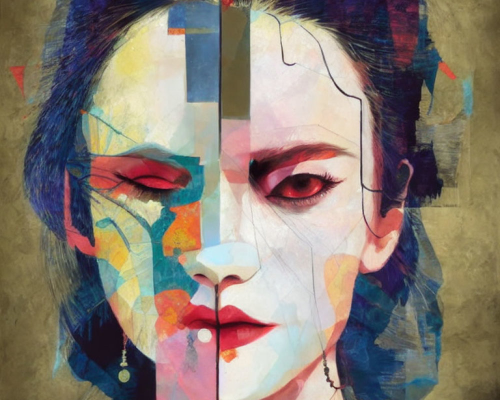 Geometric abstract portrait of a woman with divided face in vibrant colors