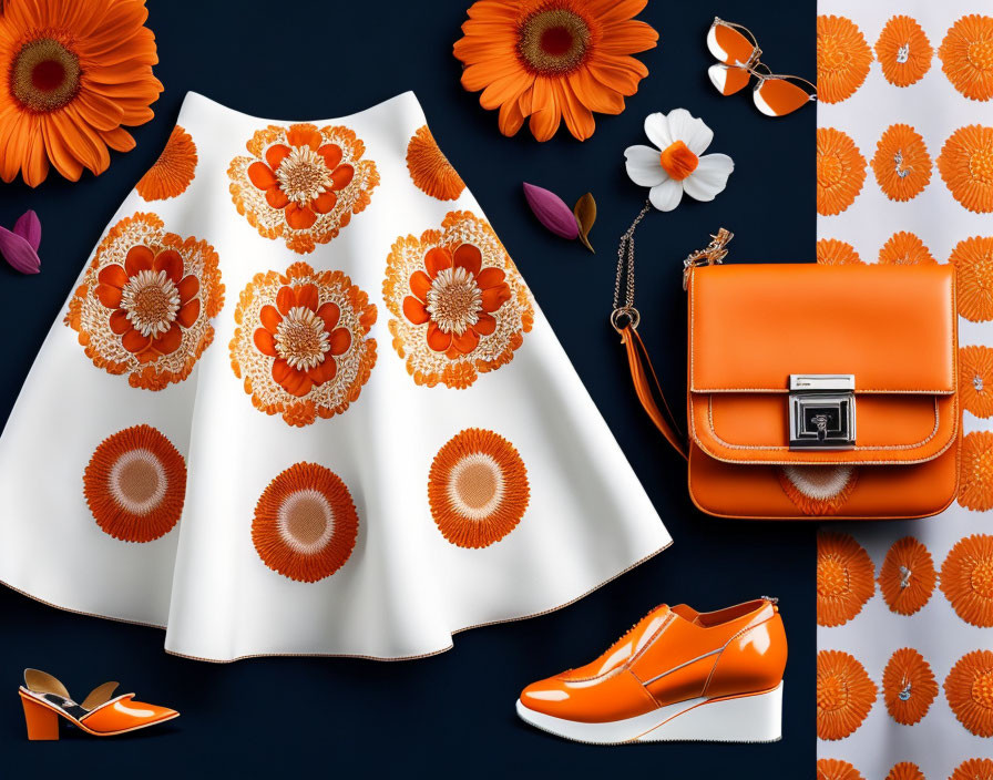 Fashion flat lay: Orange & white floral skirt, shoes, sunglasses, flower-decorated handbag