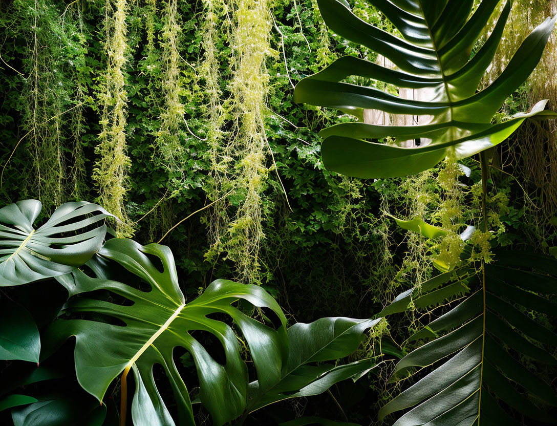 Tropical plants on lush green wall: Monstera leaves, hanging ferns