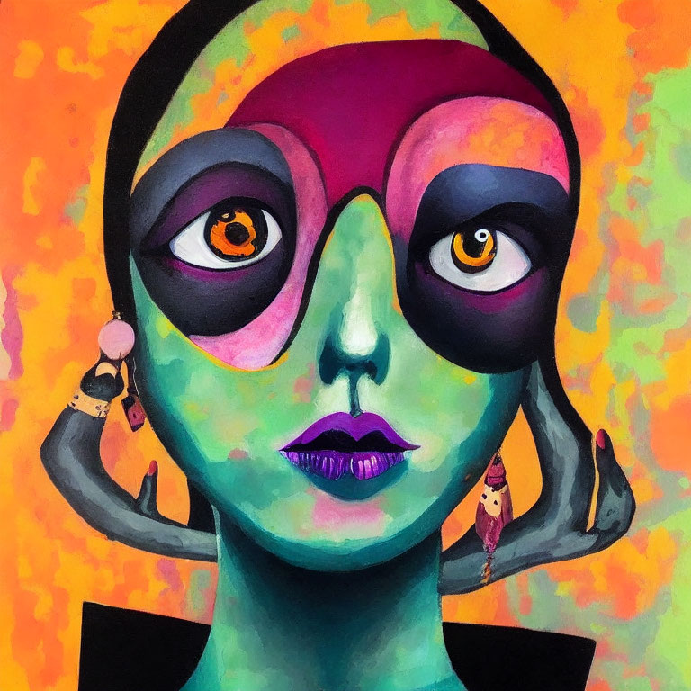 Colorful Stylized Face Painting with Mismatched Eyes and Green Complexion