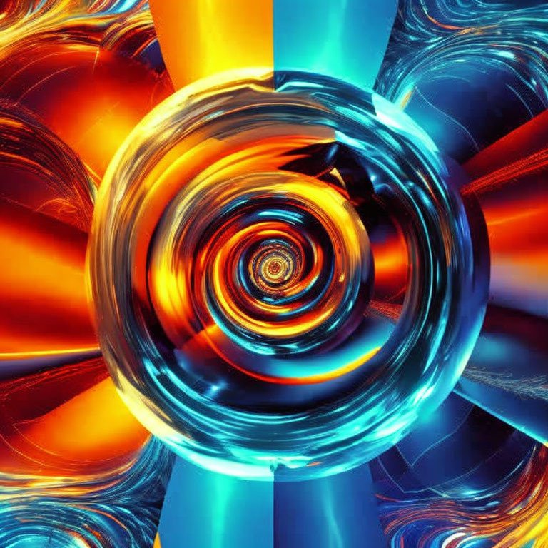 Vibrant abstract digital art: central vortex, blue and orange swirling patterns