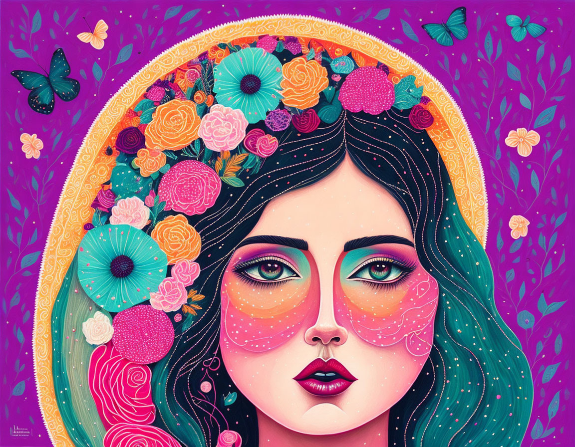 Colorful Woman with Floral Halo and Butterflies on Purple Background