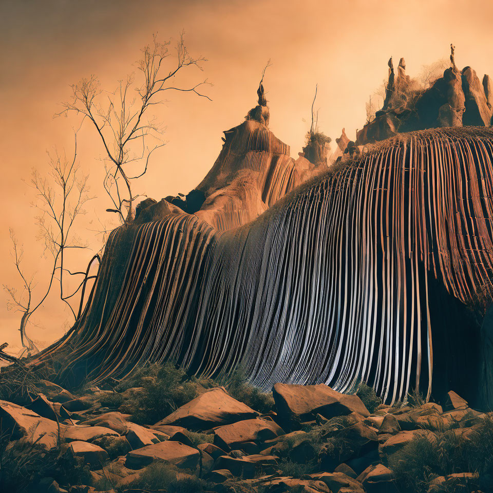 Surreal landscape with striped rock formations and waterfall illusion under orange sky