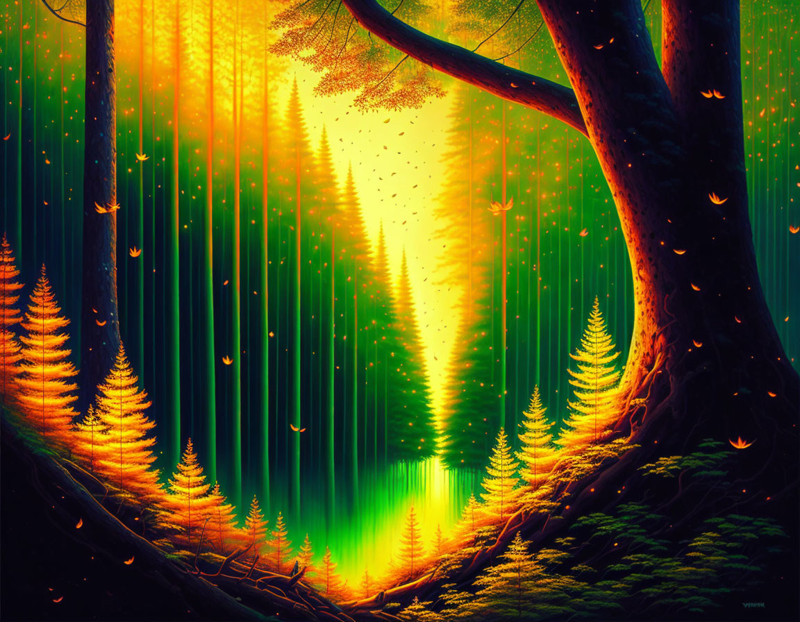 Enchanting forest scene with magical light beams and illuminated trees