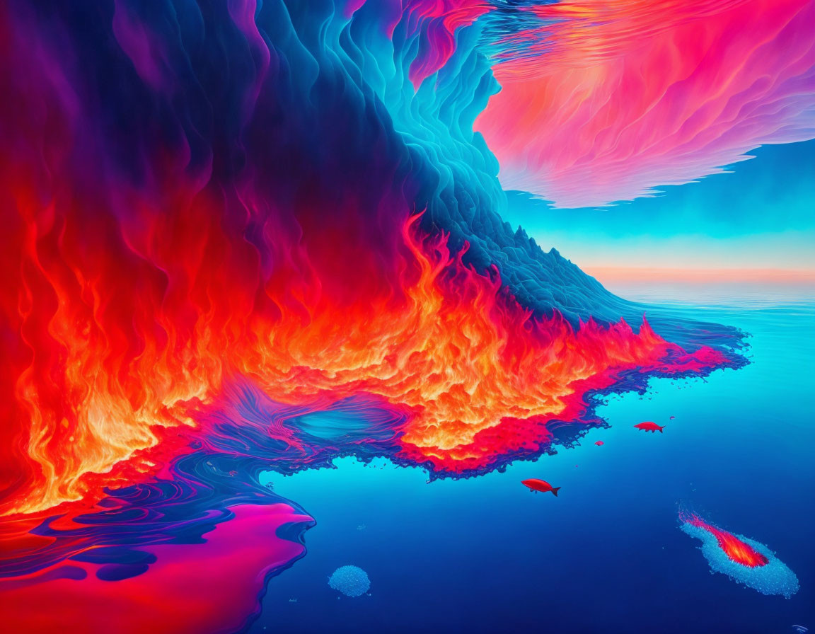 Colorful digital artwork: surreal fiery waves meeting calm blue ocean