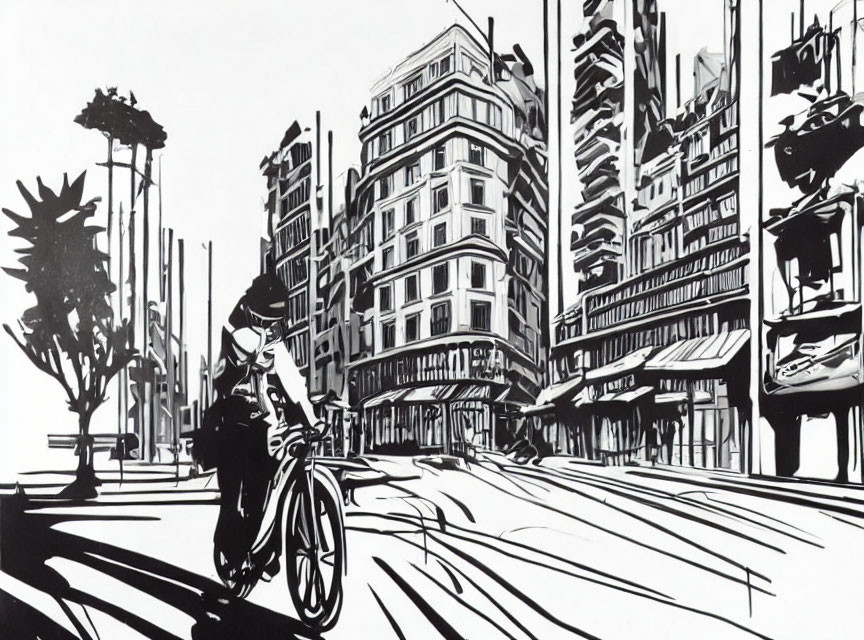 Monochrome street scene with cyclist, buildings, and tram.