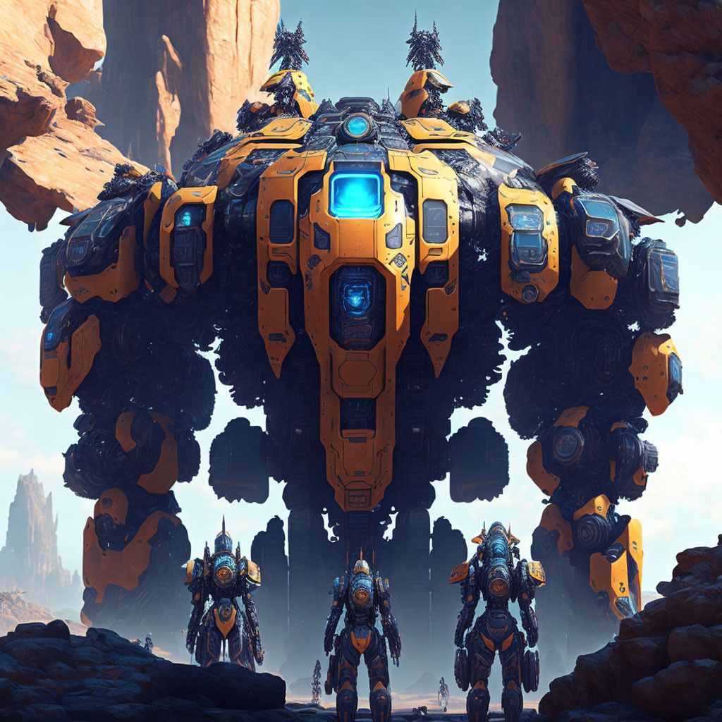 Yellow Mech Robot with Blue Highlights on Rocky Terrain with Three Smaller Figures