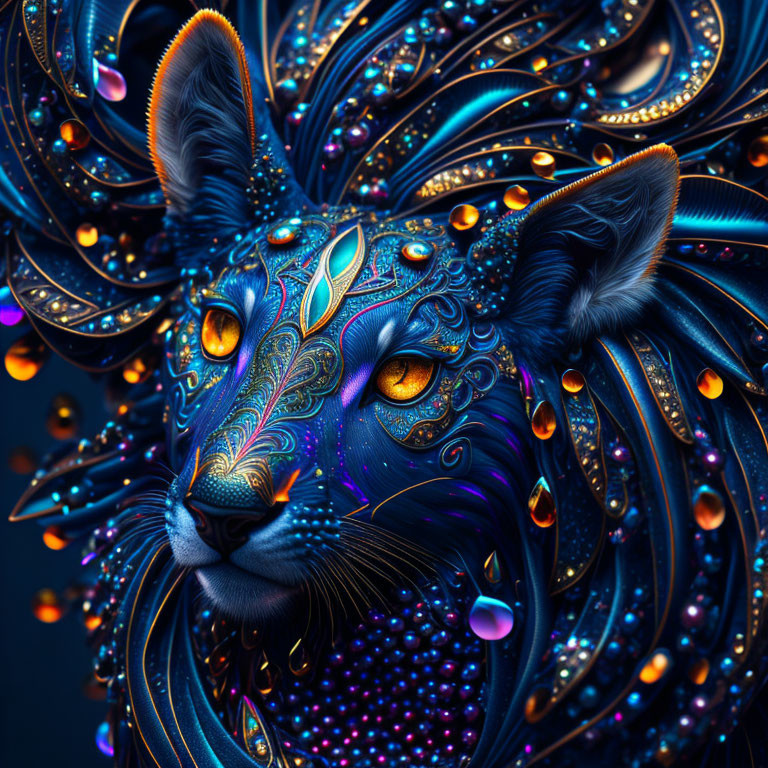 Intricate digital artwork of stylized feline with luminous eyes on dark blue background