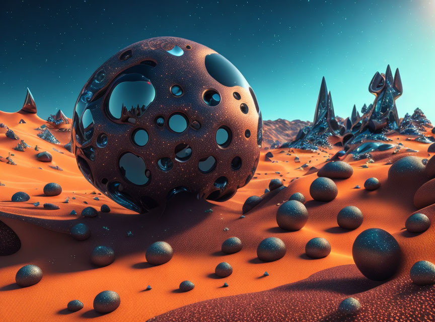 Alien landscape with large holed sphere and scattered spheres in desert.