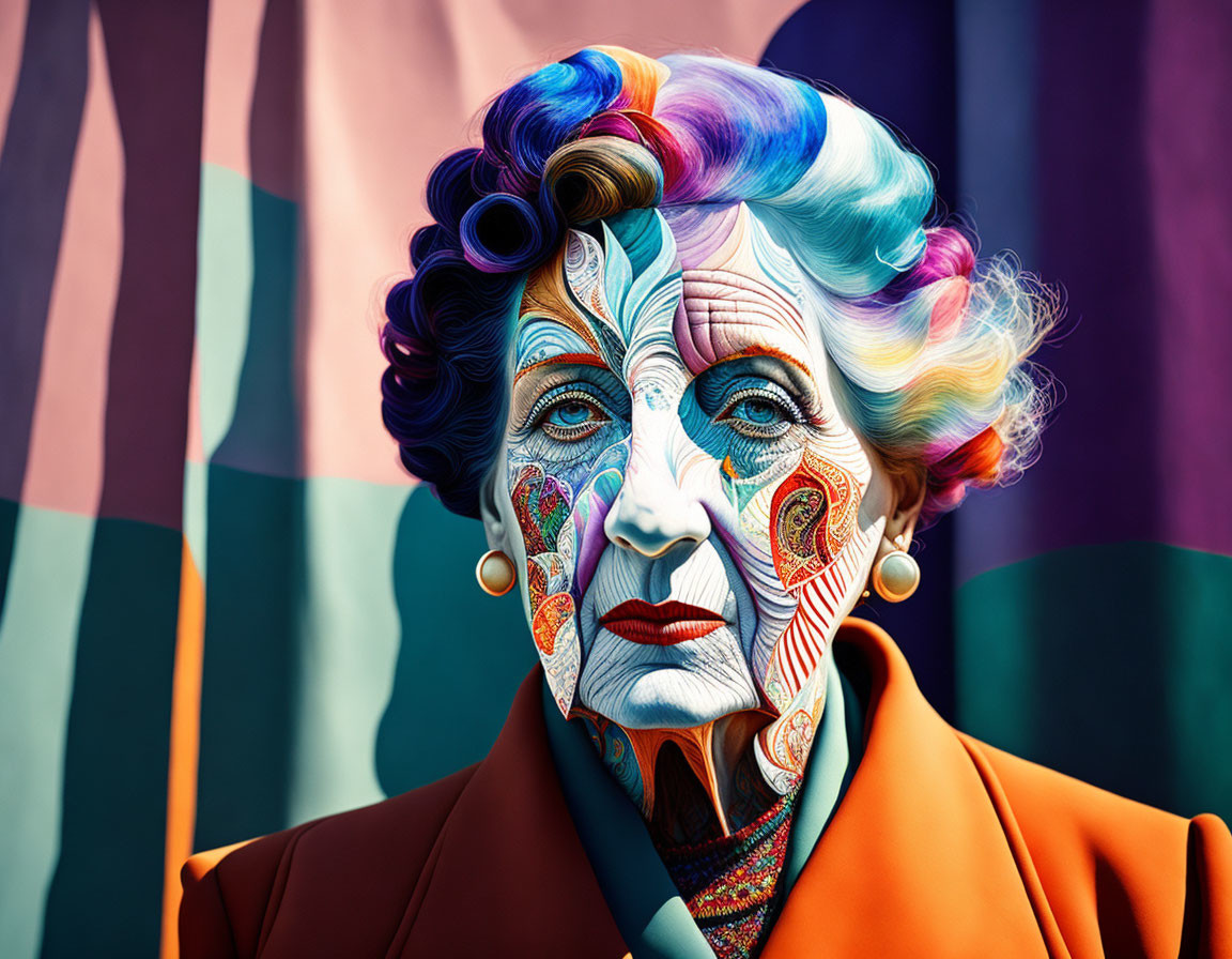 Colorful digital portrait of older woman with face paint and stylish hair on striped backdrop