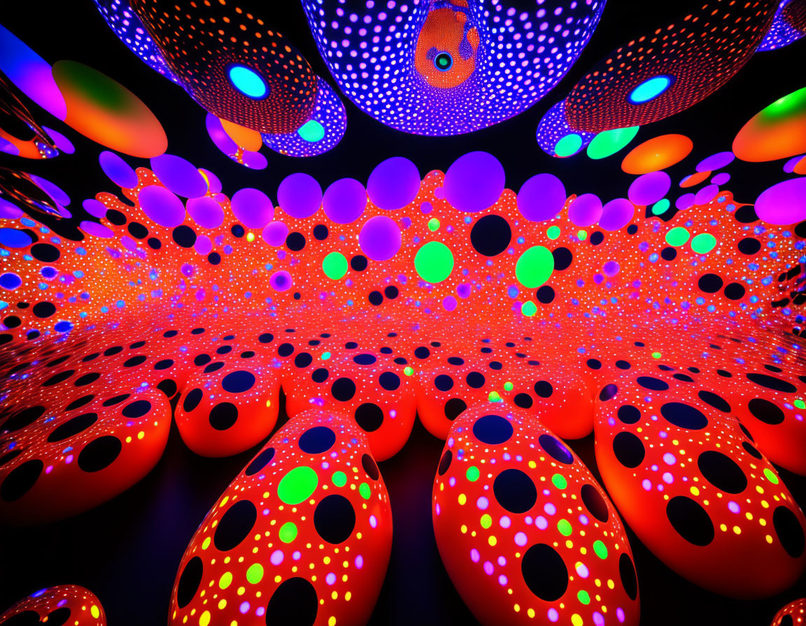 Colorful polka-dotted black spheres in a vibrant room under black light