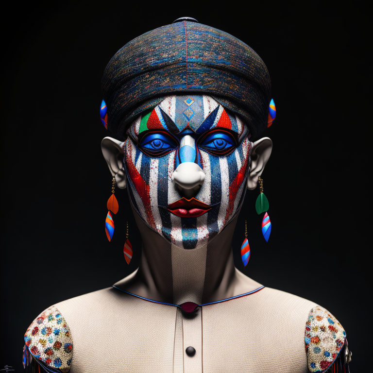 Colorful face paint on figure with elf-like ears and headwrap exudes tribal vibe